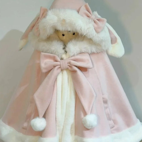 Load image into Gallery viewer, Y2k Aesthetic Cloak Jacket Women Japanese Lolita Fur Patchwork Rabbir Ear Hooed Coat Kawaii Sweet Bow Jackets Oversized JK Capes
