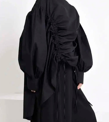 Women Drawstring Big Size Blouse New Stand Collar Long Sleeve Loose Fit Shirt Fashion Tide Spring Autumn 2025 1Z18901