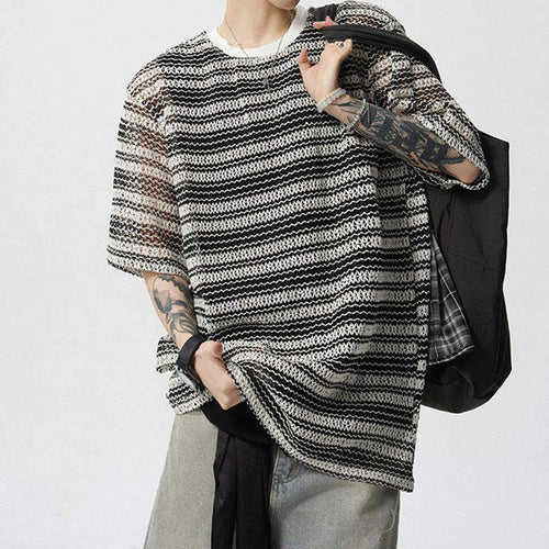 Load image into Gallery viewer, Men's T-shirts Short Sleeve New Korean Style Niche Summer Ice Silk Striped Design Pullover Personality Male Tees 9W1942
