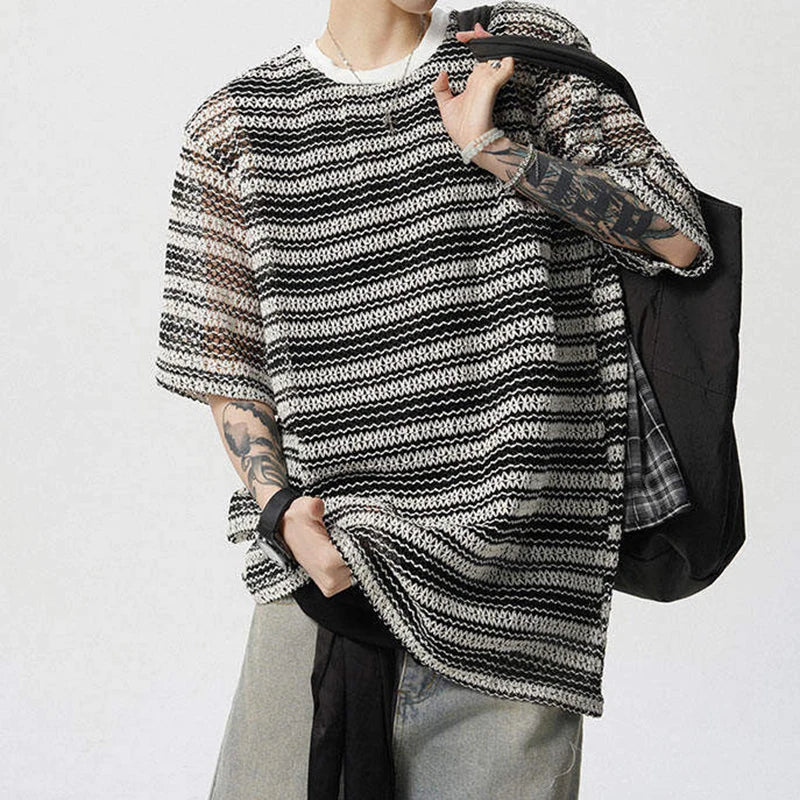 Men's T-shirts Short Sleeve New Korean Style Niche Summer Ice Silk Striped Design Pullover Personality Male Tees 9W1942