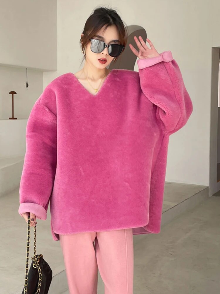 Solid Loose Sweatshirt For Women V Neck Long Sleeve Minimalist Thick Pullover Female Clothing Sweatshirtes Winter