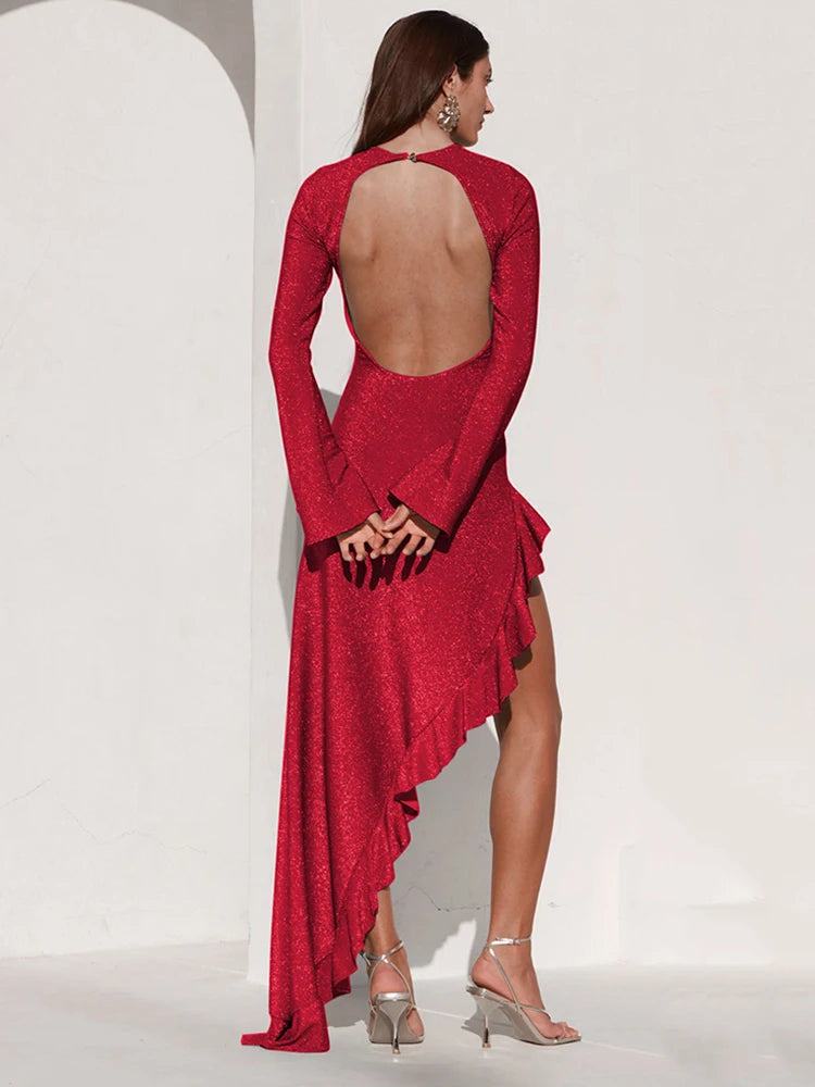 Glitter Thigh High Split Sexy Maxi Dress For Women Gown O Neck Long Sleeve Backless Ruffled Shiny Long Dress Gown