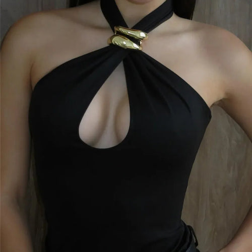 Load image into Gallery viewer, Halter Hollow Out Sexy Crop Tops Pullovers Women Vest Summer New Ring Metal Off-shoulder Tank Tops Female Skinny Top
