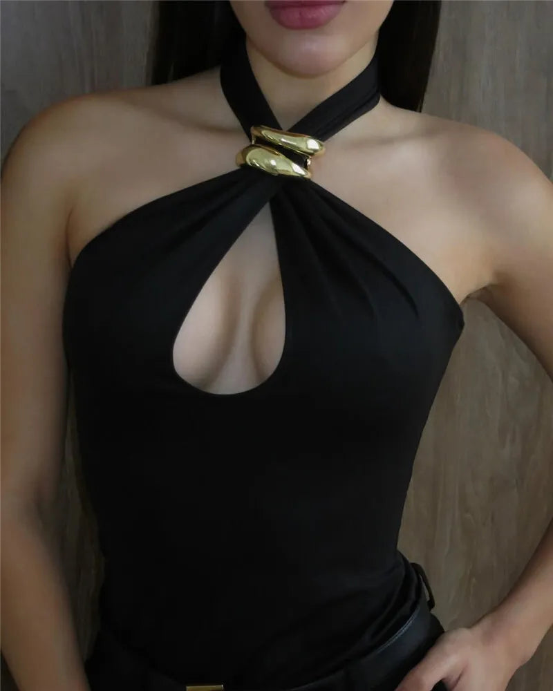 Halter Hollow Out Sexy Crop Tops Pullovers Women Vest Summer New Ring Metal Off-shoulder Tank Tops Female Skinny Top