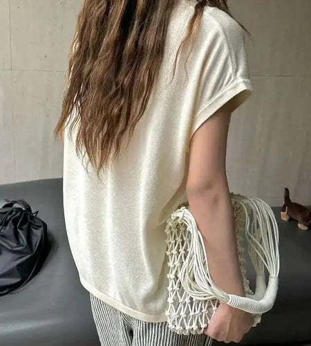 Women Apricot Thin Knitting Perspective Big Size T-shirt New Lapel Short Sleeve Fashion Tide Spring Summer 2025 1DH6129