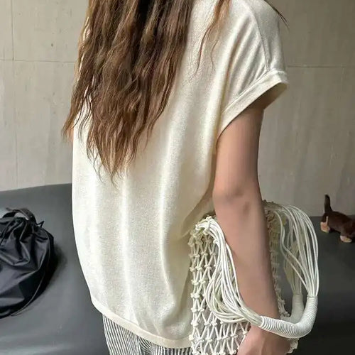 Load image into Gallery viewer, Women Apricot Thin Knitting Perspective Big Size T-shirt New Lapel Short Sleeve Fashion Tide Spring Summer 2025 1DH6129
