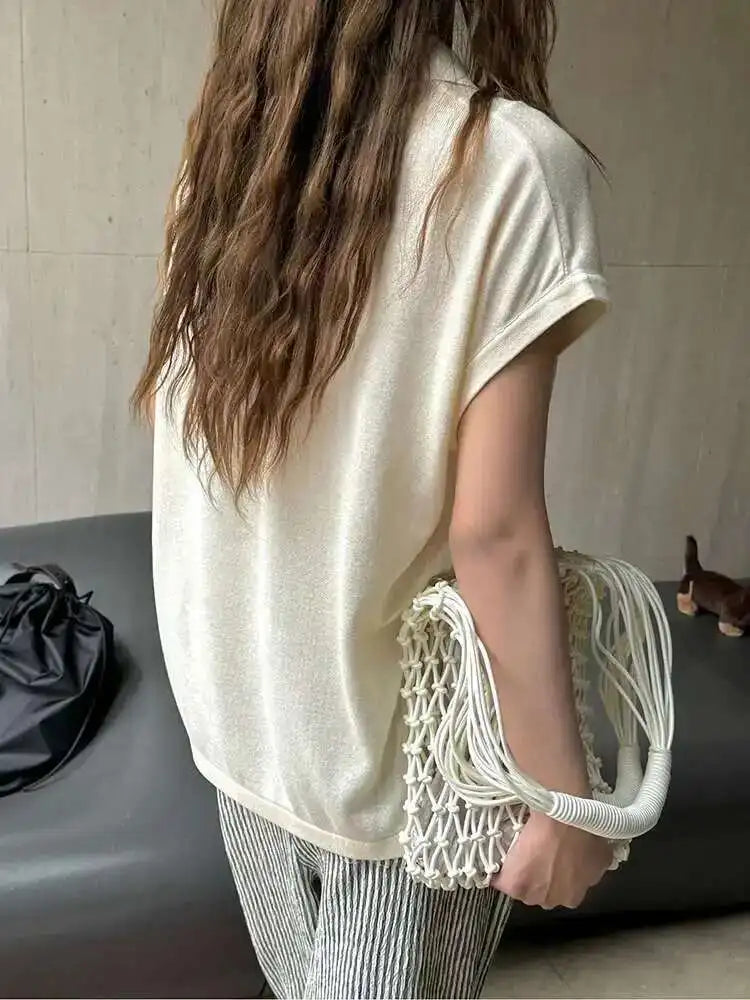 Women Apricot Thin Knitting Perspective Big Size T-shirt New Lapel Short Sleeve Fashion Tide Spring Summer 2025 1DH6129