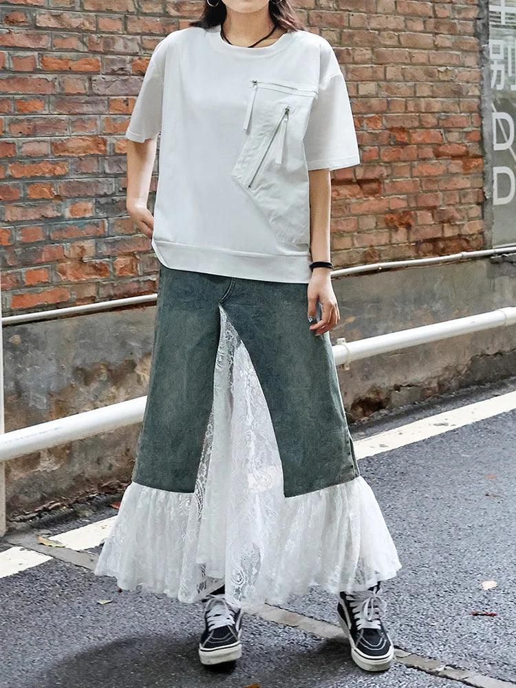 Women White Pocket Zipper Big Size Casual T-shirt New Round Neck Short Sleeve Fashion Tide Spring Summer 2025 1DJ0416