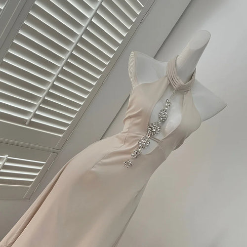 Load image into Gallery viewer, Women Beige Off Shoulder Hollow Out Backless Halter Lace-up Long Dress Summer Sexy Club Elegant Sleeveless Party Evening Dresses
