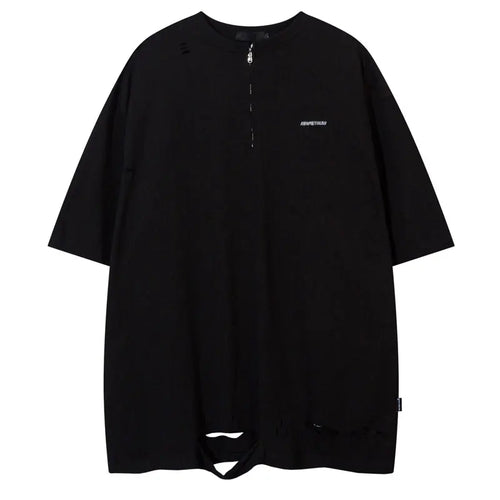 Load image into Gallery viewer, Hip Hop Oversized Tshirt Streetwear Solid Half Zipper Destroy Ripped Holes Punk Gothic T-Shirts Men Harajuku Casual Baggy Tops
