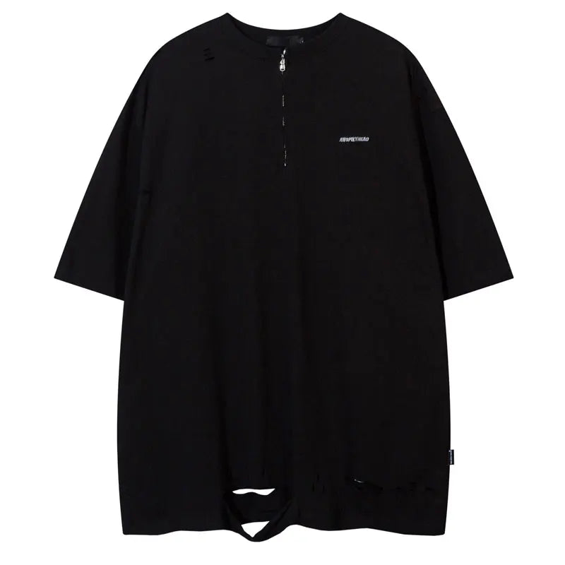 Hip Hop Oversized Tshirt Streetwear Solid Half Zipper Destroy Ripped Holes Punk Gothic T-Shirts Men Harajuku Casual Baggy Tops
