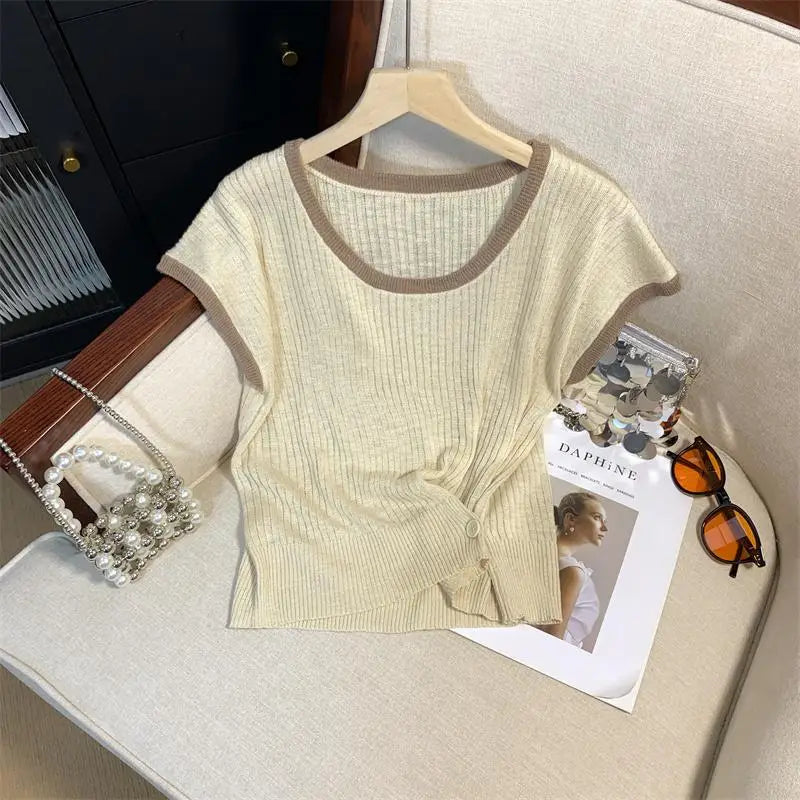 Women Summer Round Neck Patchwork Short Sleeves Knit T-shirt Fashion Festival Casual Ladies Street Button Design Top Popular New
