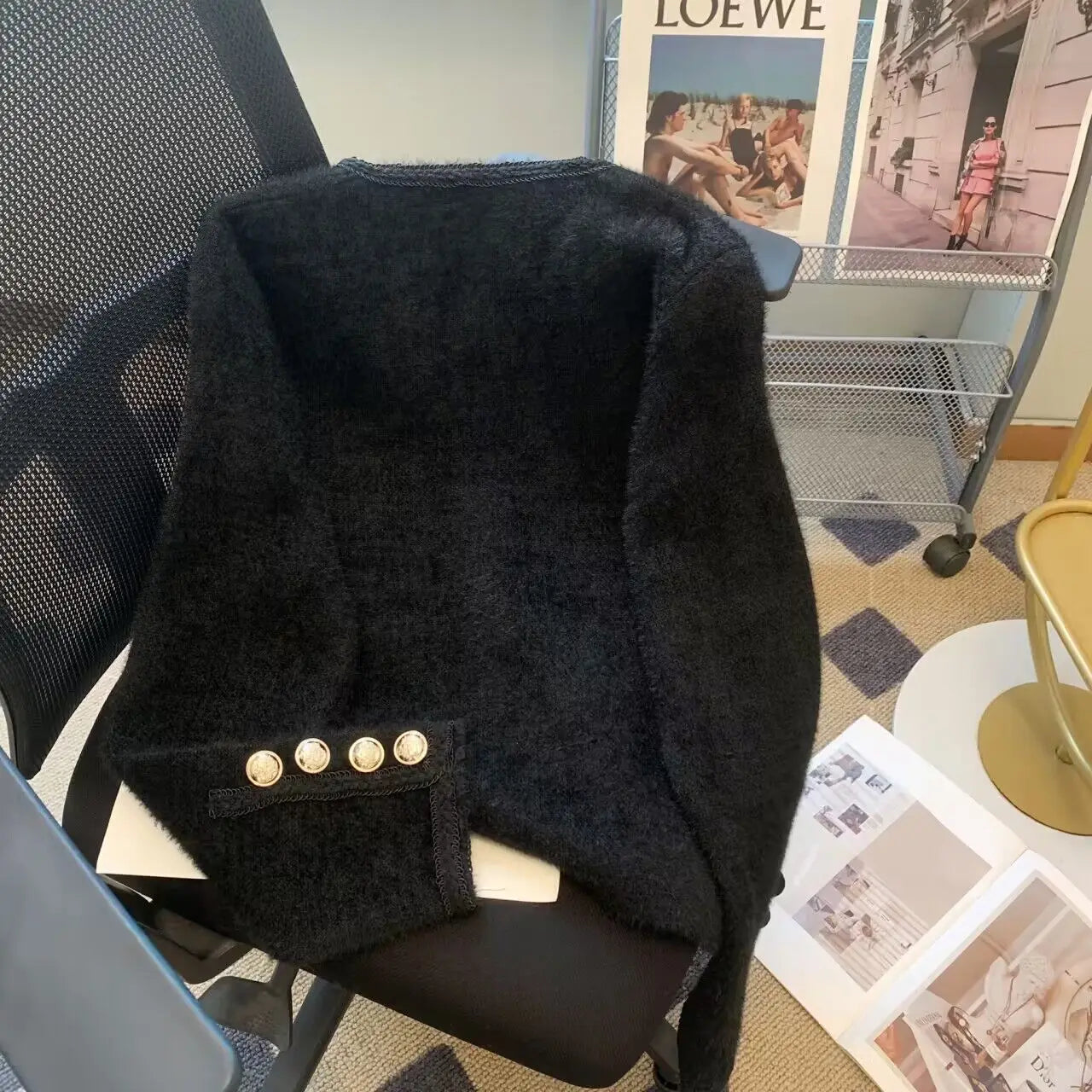 Vintage Beige Warm Women Long Sleeve Knitted Cardigan Sweater Coat Autumn Winter Korean Fashion Black Single Breasted Tops Trend