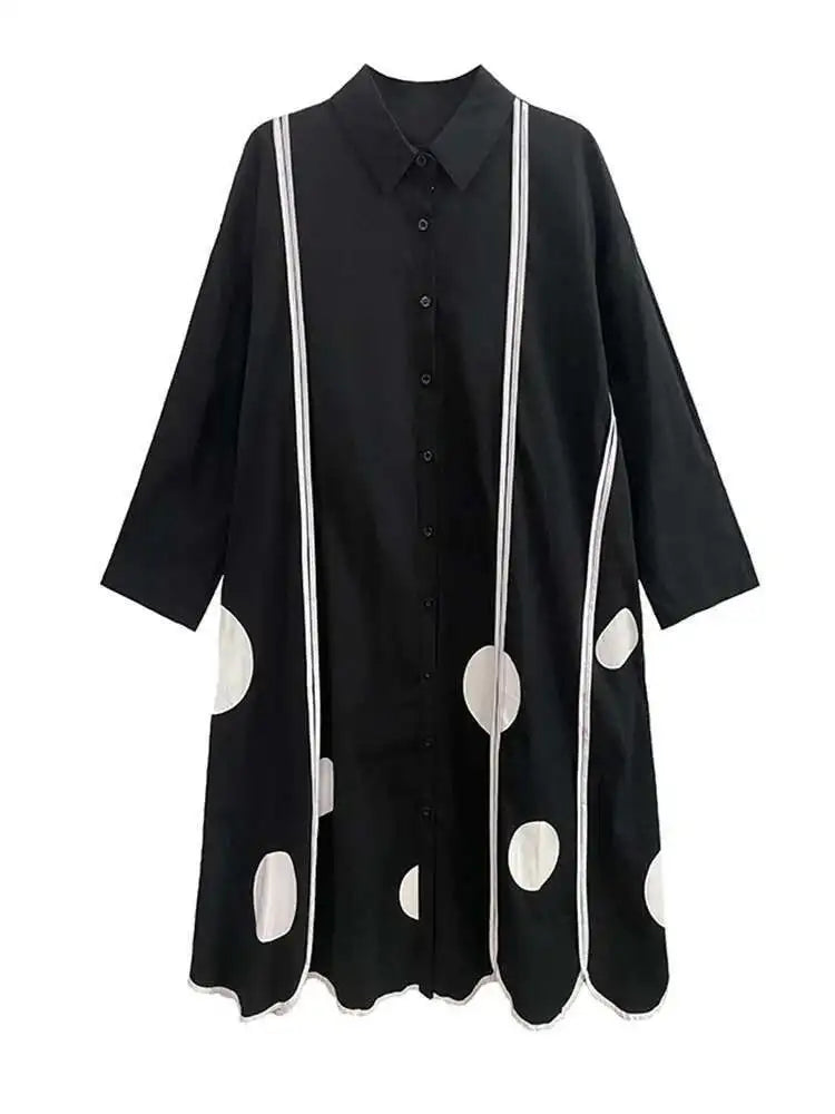 Women Black Dot Printed Long Big Size Shirt Dress New Lapel Long Sleeve Loose Fit Fashion Tide Spring Autumn 2025 1DF1508