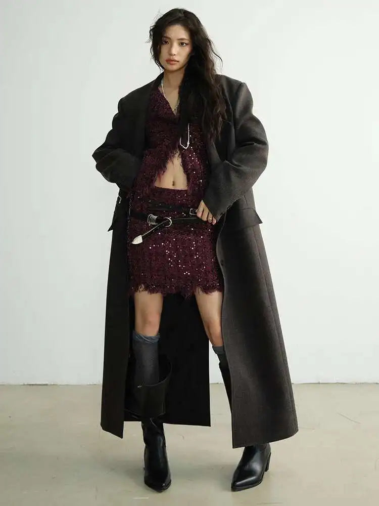 Women Dark Gray Detachable Fur Collar Big Size Thick Long Blazer New Long Sleeve Jacket Fashion Autumn Winter 2025 1DH8271