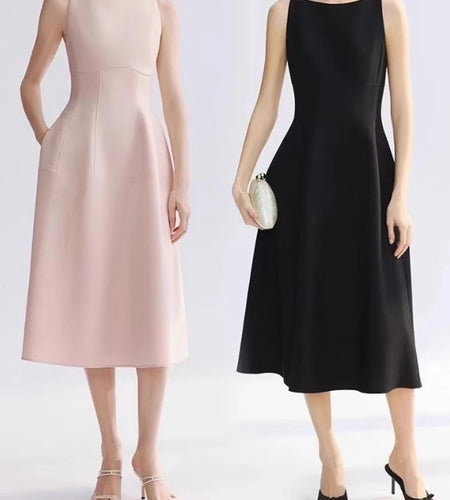 Solid Slimming Spliced Pockets Minimalist Dresses for Women Round Neck Sleeveless High Waist Elegant Dress Female