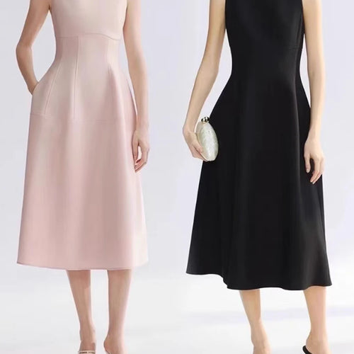 Load image into Gallery viewer, Solid Slimming Spliced Pockets Minimalist Dresses for Women Round Neck Sleeveless High Waist Elegant Dress Female
