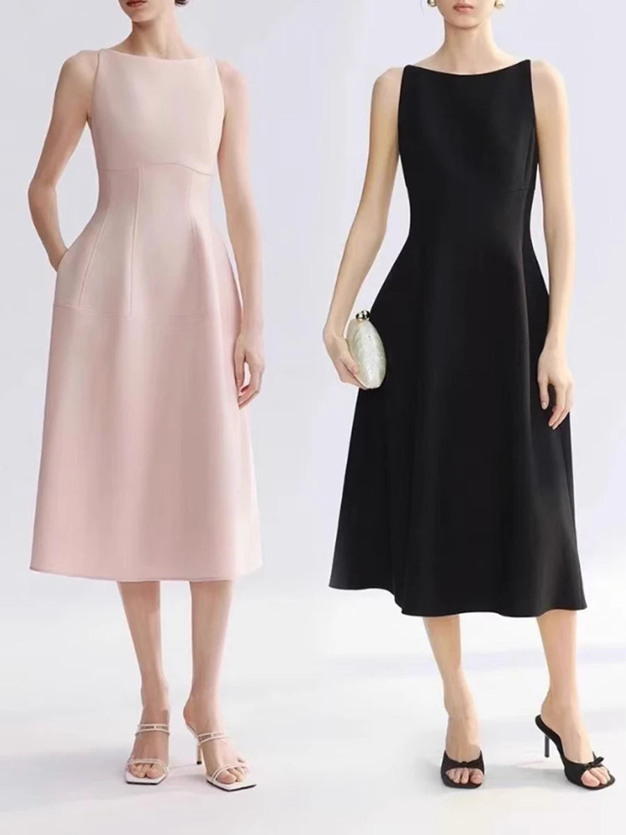 Solid Slimming Spliced Pockets Minimalist Dresses for Women Round Neck Sleeveless High Waist Elegant Dress Female