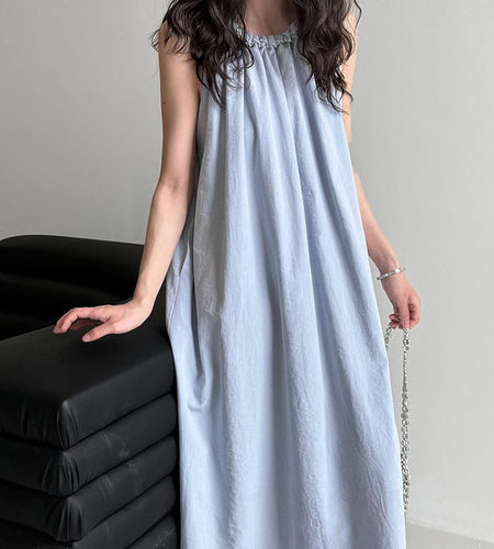 Women White Blue Knot Elegant Big Size Long Vest Dress New Halter Sleeveless Fashion Tide Spring Summer 2025 1DJ1282