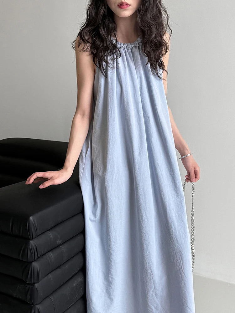 Women White Blue Knot Elegant Big Size Long Vest Dress New Halter Sleeveless Fashion Tide Spring Summer 2025 1DJ1282