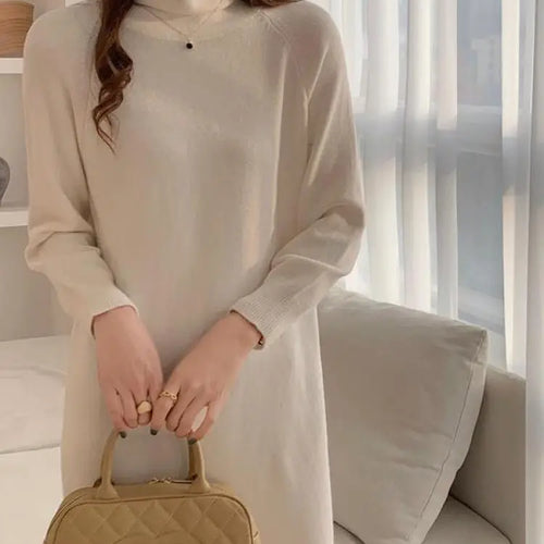 Load image into Gallery viewer, Autumn Winter 2023 New Solid High Neck Casual Loose Knitted Dresses Women Straight Long Sleeve Sweater Dress Popular Simplicity
