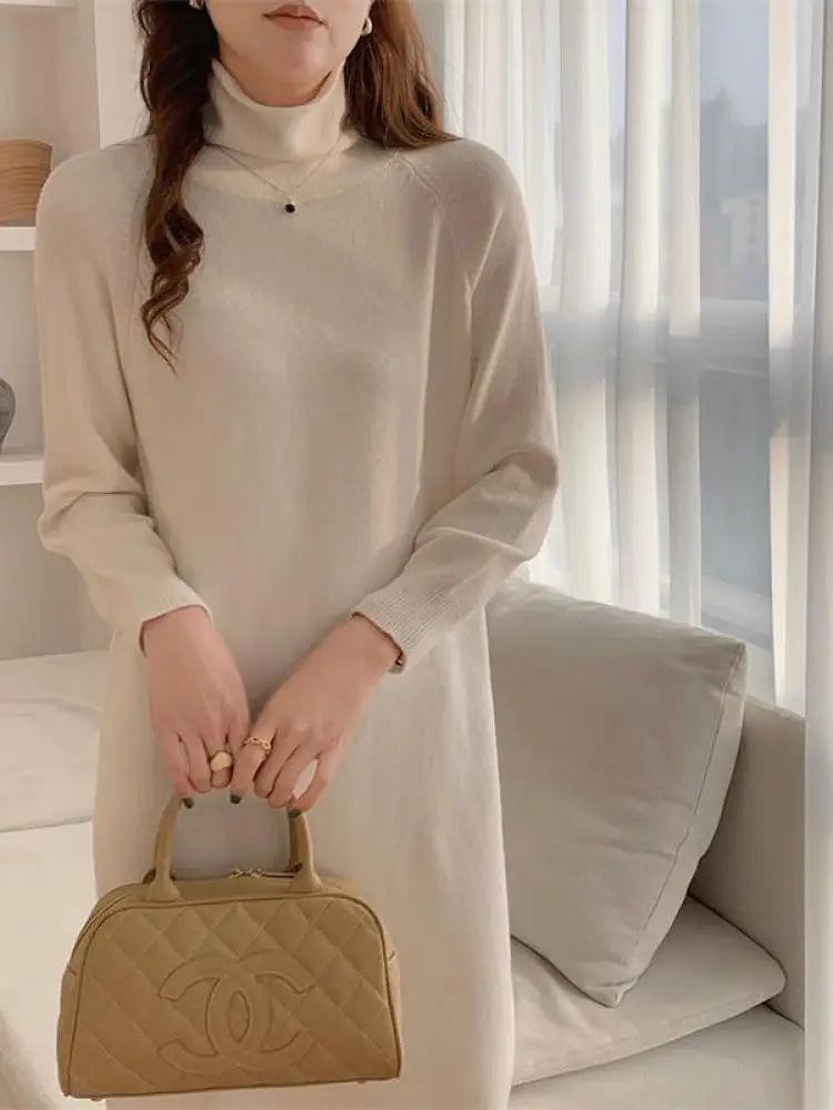 Autumn Winter 2023 New Solid High Neck Casual Loose Knitted Dresses Women Straight Long Sleeve Sweater Dress Popular Simplicity