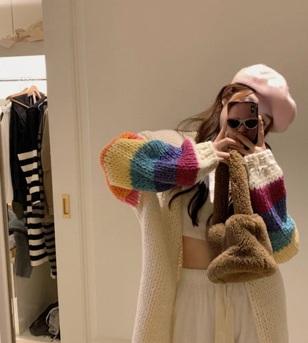 Vintage Rainbow Striped Sweaters Female Casual Sweet Y2k Cardigan Korean Fashion Knitted Top 2025 Autumn Kardigany