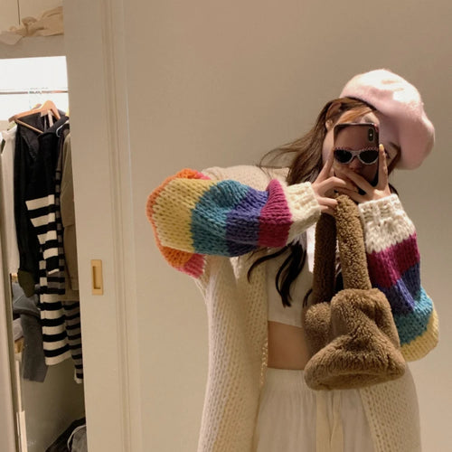 Load image into Gallery viewer, Vintage Rainbow Striped Sweaters Female Casual Sweet Y2k Cardigan Korean Fashion Knitted Top 2025 Autumn Kardigany
