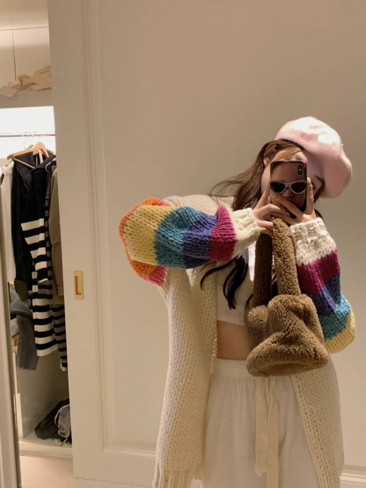 Vintage Rainbow Striped Sweaters Female Casual Sweet Y2k Cardigan Korean Fashion Knitted Top 2025 Autumn Kardigany