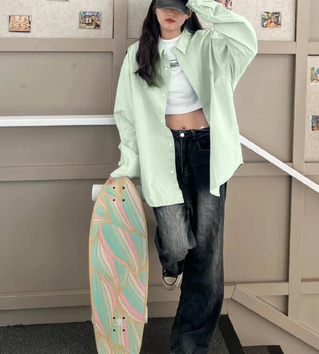 Y2k Aesthetic Solid Oversized Women Blouse Vintage Pocket Harajuku Casual Tops 2025 Autumn Loose Single Breasted Grunge Blusas