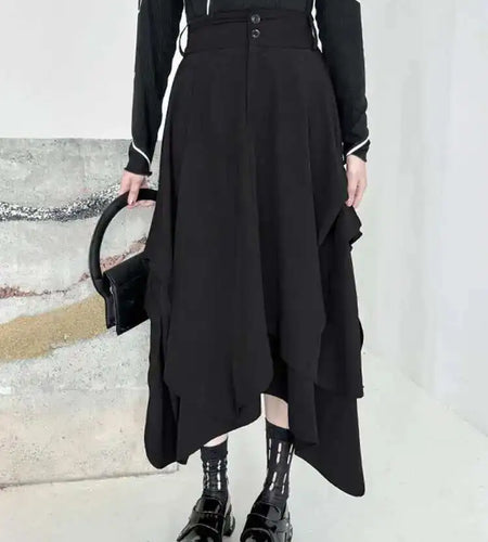 High Waist Black pleated Irregular A-line Half-body Skirt Women Loose Fit Fashion Tide New Spring Autumn 2025 1DH4346