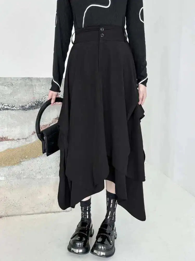 High Waist Black pleated Irregular A-line Half-body Skirt Women Loose Fit Fashion Tide New Spring Autumn 2025 1DH4346