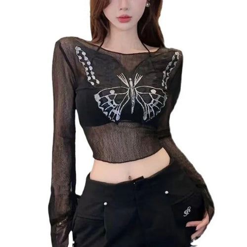 Load image into Gallery viewer, Fairy Grunge Top y2k Clothes Women Sheer Butterfly Print Off Shoulder Long Sleeve T Shirt 2000s Clothing Streetwear
