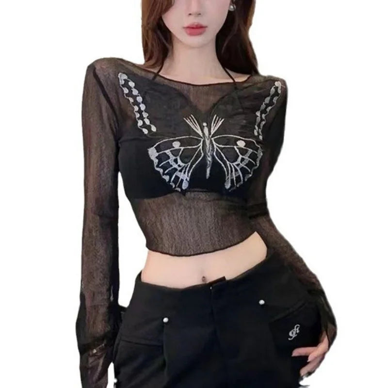 Fairy Grunge Top y2k Clothes Women Sheer Butterfly Print Off Shoulder Long Sleeve T Shirt 2000s Clothing Streetwear