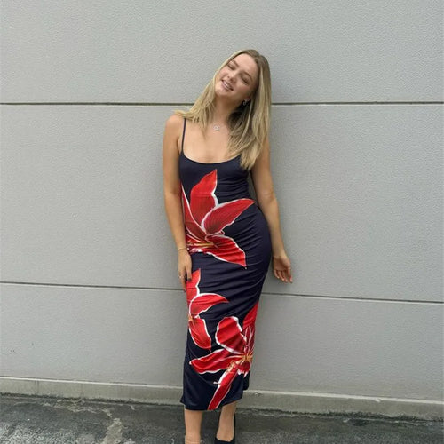 Load image into Gallery viewer, Floreal Print Long Dress For Women Gown Summer New Spaghetti Strap Sleeveless Backless Bodycon Sexy Midi Dress Elegant

