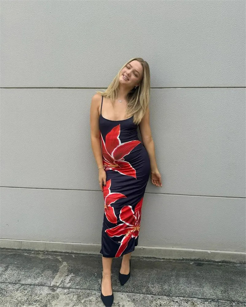 Floreal Print Long Dress For Women Gown Summer New Spaghetti Strap Sleeveless Backless Bodycon Sexy Midi Dress Elegant