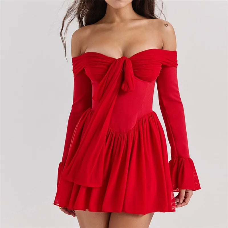 Elegant Strapless Backless Sexy Mini Dress For Women Red Off-shoulder Long Flare Sleeve Pleated Club Party Dress 2024