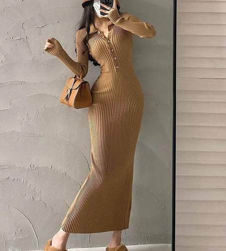Elegant Party Dresses For Women 2023 Dress Autumn Winter Stretchy Long Sleeved Slim Vintage Basic Knit Dress Y2k