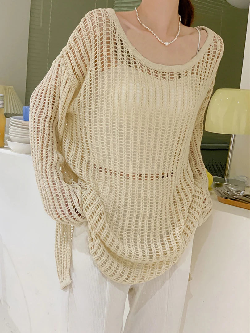 Green Hollow Out Big Size Knitting Sweater Round Neck Long Sleeve Women Pullovers New Fashion Spring Autumn 2025 1DJ1621