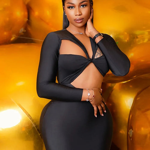 Load image into Gallery viewer, Sexy Hollow Out Elastic Slim Dress Women Patchwork Long Sleeved Tight Solid Color Pullover Formal Party Evening Dress
