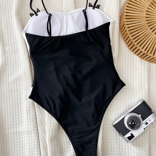 Load image into Gallery viewer, Black White Halter One Piece Swimsuit 2024 Swimwear for Women Sexy Patchwork Bathing Suit High Waist Monokini
