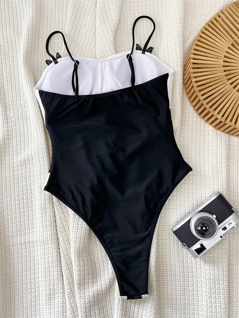 Black White Halter One Piece Swimsuit 2024 Swimwear for Women Sexy Patchwork Bathing Suit High Waist Monokini