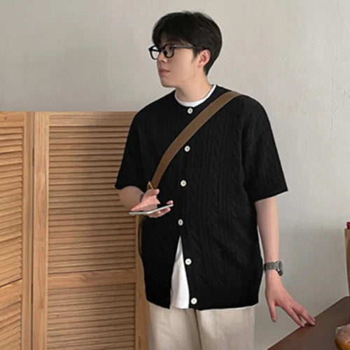 Load image into Gallery viewer, Korean Style Men&#39;s Cardigan Casual Knitted Round Neck Tops Short Sleeve Single Brteasted Solid Color Loose  Sweater 9C6496
