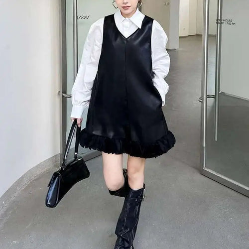 Load image into Gallery viewer, Black Leather Mesh Dress Shirt Two Pieces Suit New Lapel Long Sleeve Women Fashion Tide Spring Autumn 2025 1DH9256
