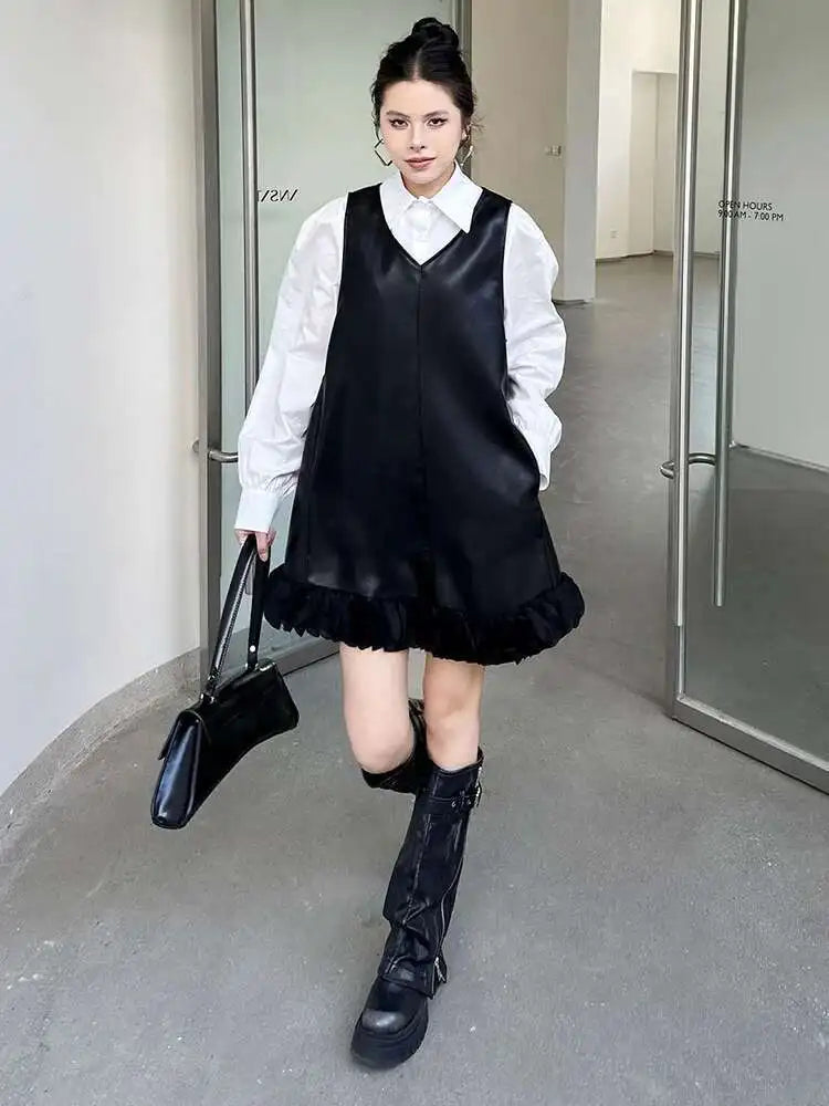 Black Leather Mesh Dress Shirt Two Pieces Suit New Lapel Long Sleeve Women Fashion Tide Spring Autumn 2025 1DH9256