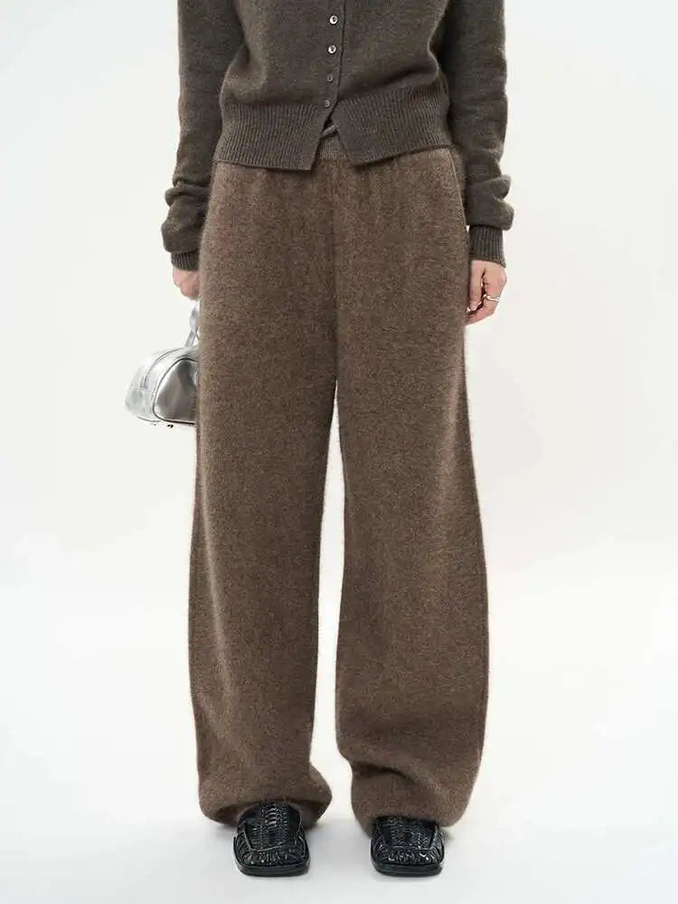 High Elastic Waist Beige 36% Wool Long Knitting Wide Leg Pants New Trousers Women Fashion Tide Autumn Winter 2025 1DH8230