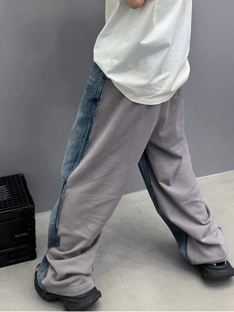 Colorblock Casual Loose Denim Pants For Women High Waist Streetwear Wide Leg Jeans Female Fashion Clothing