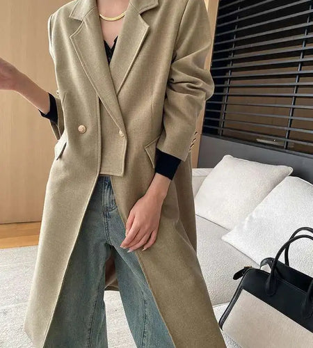 Women Khaki Irregular Spliced Long Big Size Blazer New Lapel Long Sleeve Jacket Fashion Tide Spring Autumn 2025  1DH6851