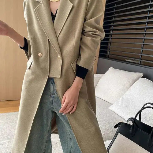 Load image into Gallery viewer, Women Khaki Irregular Spliced Long Big Size Blazer New Lapel Long Sleeve Jacket Fashion Tide Spring Autumn 2025  1DH6851
