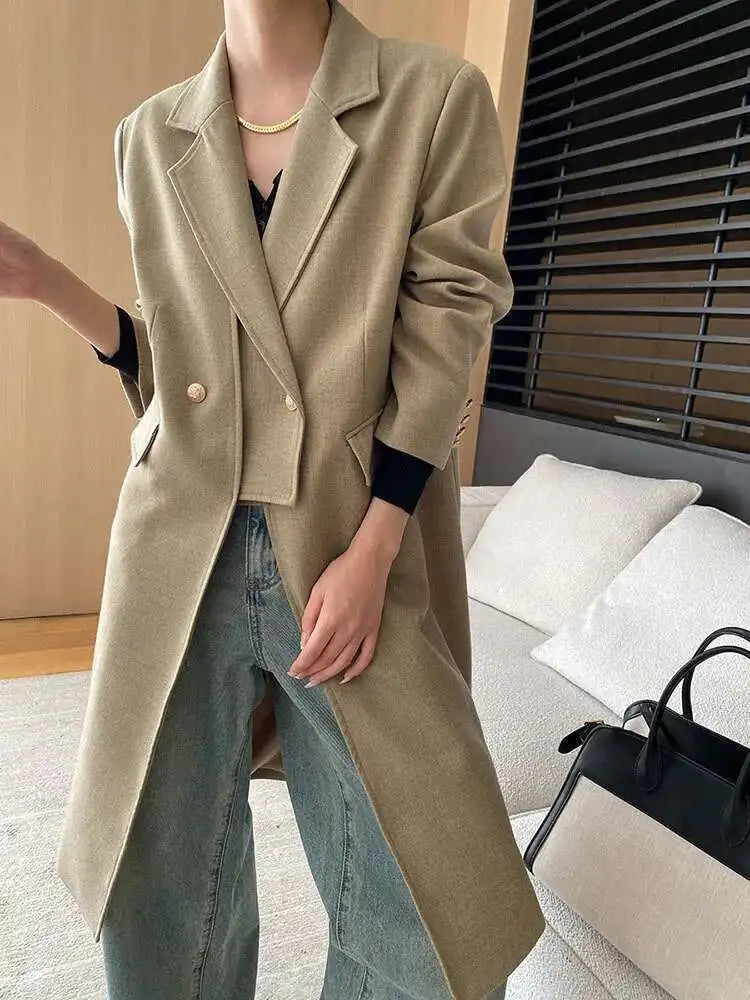 Women Khaki Irregular Spliced Long Big Size Blazer New Lapel Long Sleeve Jacket Fashion Tide Spring Autumn 2025  1DH6851